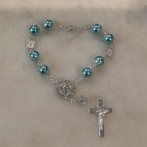 Teal Pearl Rosary Bracelet with Silver Cross, Brand New